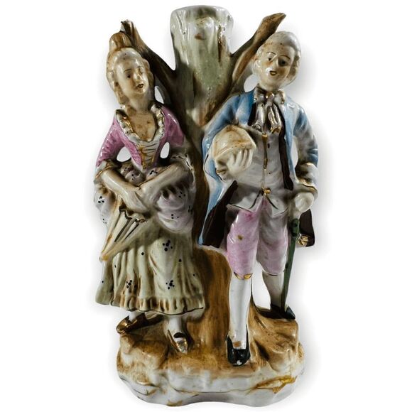 Vintage French Colonial Couple Ceramic Figurine Lamp Base Japan 8in Decor - Picture 5 of 6